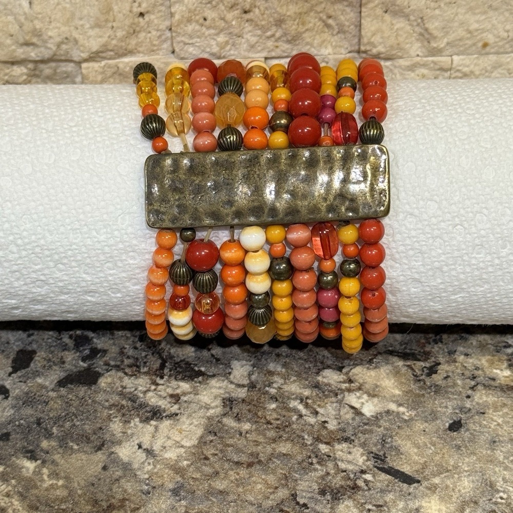 Multi strand Colorful Beaded Bracelet Art beads, Metal‎ Accent Yellow Red Pink